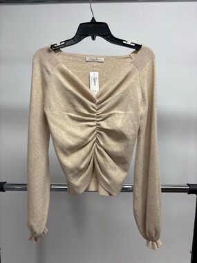 Pookie & Sebastian Beige Ruched Front Long-Sleeve Sweater Top